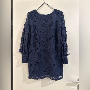 ZARA-Navy Appliqué Floral Lace Mini Dress Floral with   Bow tie back-NWOT